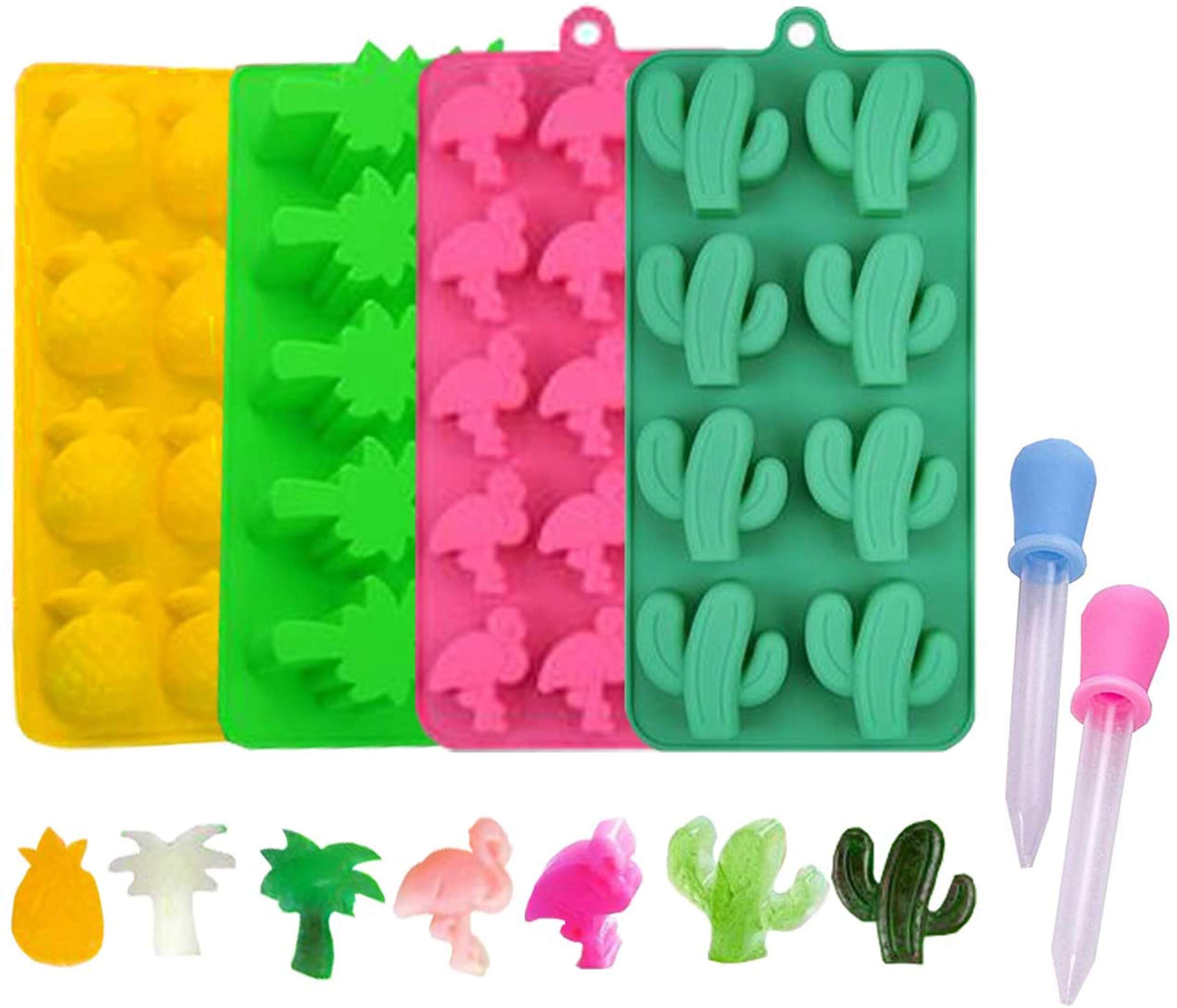 KRLIFCSL Candy Molds Ice Cube Trays Chocolate Molds, Silicone Molds Including Cactus, Flamingo, Coconut Tree & Pineapple for Making Ice, Jelly, Chocolate, Soap, Pack of 4 with 2 Droppers. (Multicolor)