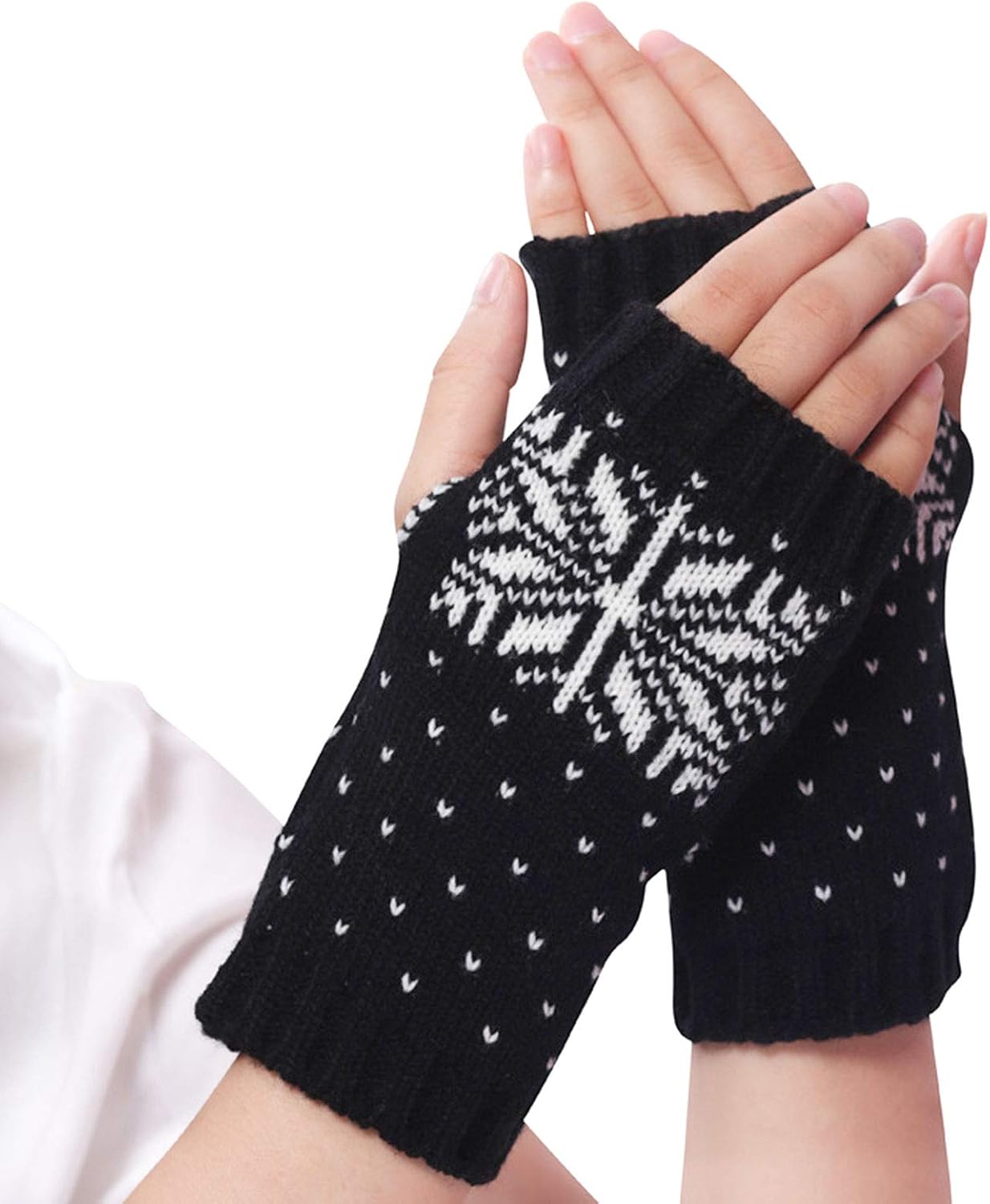 Winter Knit Fingerless Gloves for Women MOIKY Christmas Snowflake