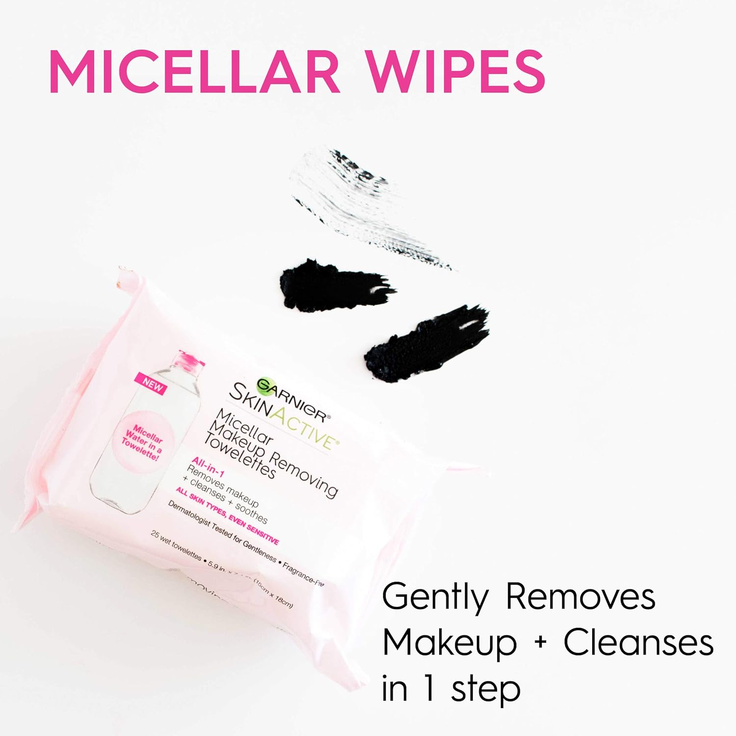 Makeup Remover Micellar Cleansing Wipes, Gentle for all Skin Types by Garnier SkinActive, 25 Count, 2 Pack: Beauty