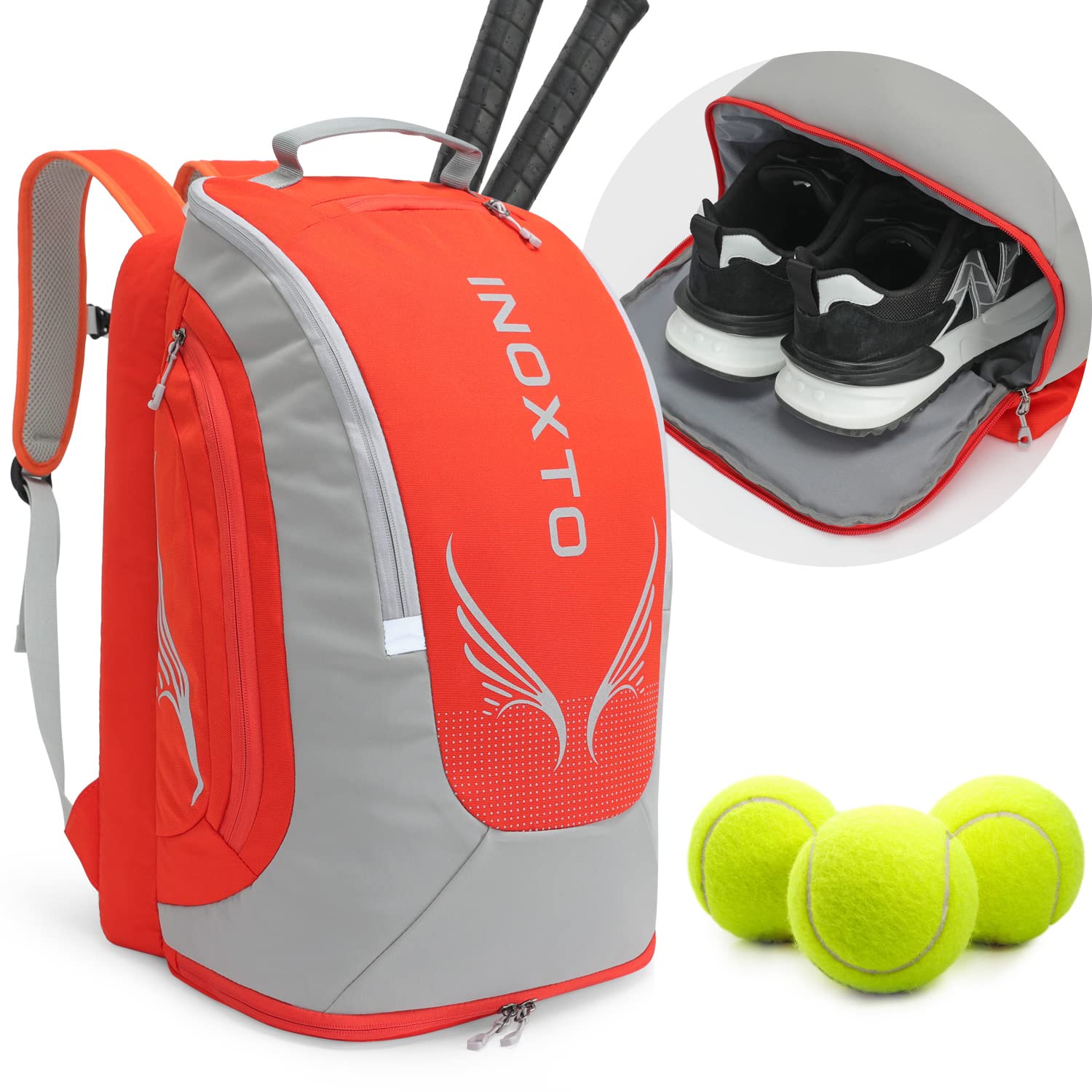 INOXTO 40L Tennis Bags for Women and Men Large Tennis Backpack Can Hold 2 Tennis Rackets, Waterproof and Breathable Pickleball Bag with Independent Shoe Storage for Tennis, Travel, Camping (Orange)