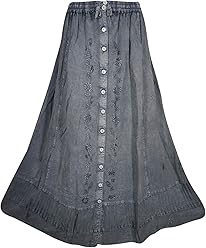 Mogul Interior Womens Grey Maxi Skirt Embroidered Stonewashed Button Down Boho Long Skirt S/M