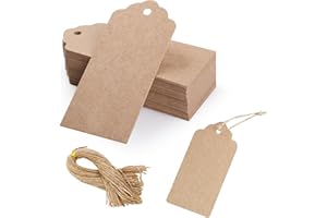 GeeRic 100 Pcs Kraft Paper Gift Tags with Twine, Blank Wrapping Tags, Wedding, Birthday, DIY, Cookies