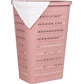 Mind Reader Slim Tapered Laundry Hamper with Lid, Clothes Basket with Swiss Cross Cut-Outs, Lightweight &amp; Ventilated, Plastic, 16.75"L x 12.75"W x 23"H, Pink