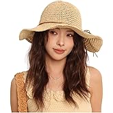 Qzkouma Women's UPF 50+ Wide Brim Braided Straw Sun Hat Summer Beach Straw Sun Protection Foldable Hat