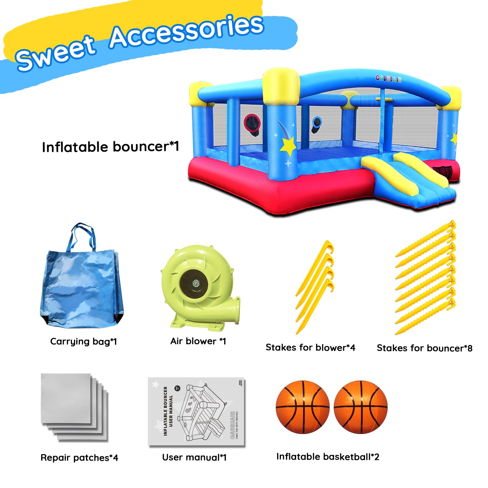 Causeair Big Inflatable Bounce House for Party Fun,15ft x 14.8ft,Double Basketball Hoop,Throw Ball Game,Reinforced PVC Bounce Floor,Jumping Bouncy Castle Holds 6 Kids