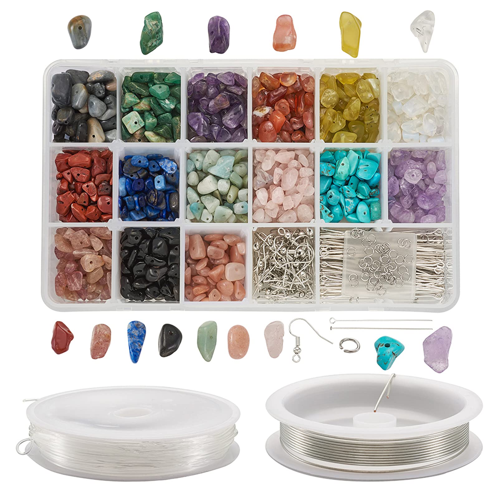 Beadthoven 900pcs 15 Colors 5~8mm Chips Gemstone Beads Irregular Stone Beads Kit with Earring Hooks Eye Pins Findings 0.8mm Copper Wire Elastic Crystal Thread for Jewelry Bracelet Necklace Making