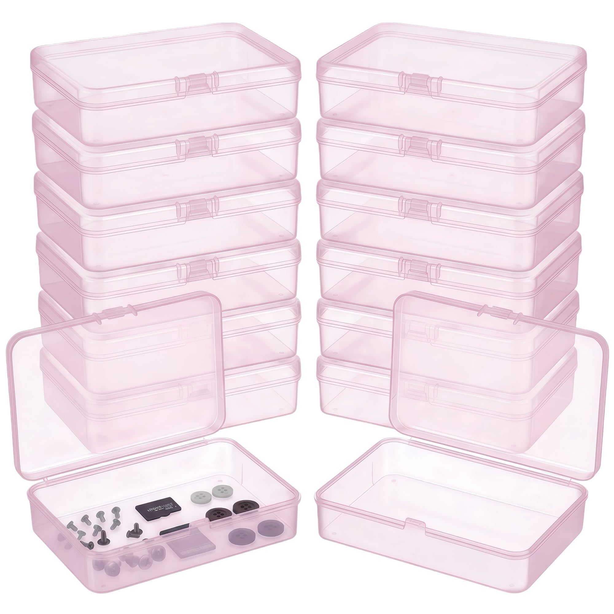 LJY 12 Pack Pink Plastic Storage Boxes with Lids 11.5 x 8.5 x 2.8 cm – Rectangular Small Containers for Diamond Art Accessories, Beads, Crafts and Hardware, Stackable Organiser Box Set — image 1