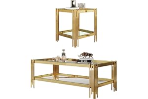 HOMVENT Glass Coffee Table Set of 2 for Living Room, Modern Design Living Room Tables Set, Rectangle Coffee Table and end Table Sets, Stainless Steel Legs (Clear Gold, End Table,Coffee Table)