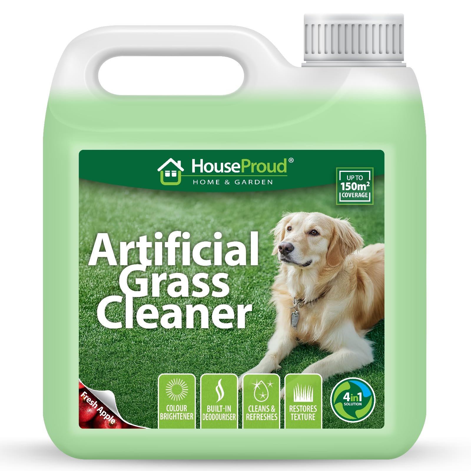 HouseProud Artificial 4in1 Grass Cleaner 1L Super Concentrate: Makes 15 Litres – Pet & Child Safe – Removed Urine, Odour & Bacteria on Astro Turf, Patios & Kennels – Fresh Apple Fragrance - 150sqm