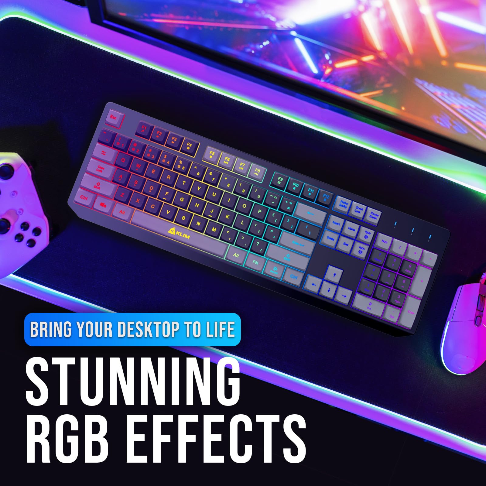 KLIM Chroma Wireless Keyboard – RGB Backlit Gaming, Rechargeable Battery, PC Keyboard, Durable & Water-Resistant, Compatible with PS4, PS5 & Mac - Black
