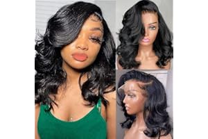 AFRIBYE Body Wave 13x6 HD Lace Front Wigs Human Hair 200% Density Bob Wig Human Hair Pre Plucked Short Bob Wigs for Black Women Glueless Frontal Wig Human Hair Natural Black Loose Wavy 14 inch Bob Wig