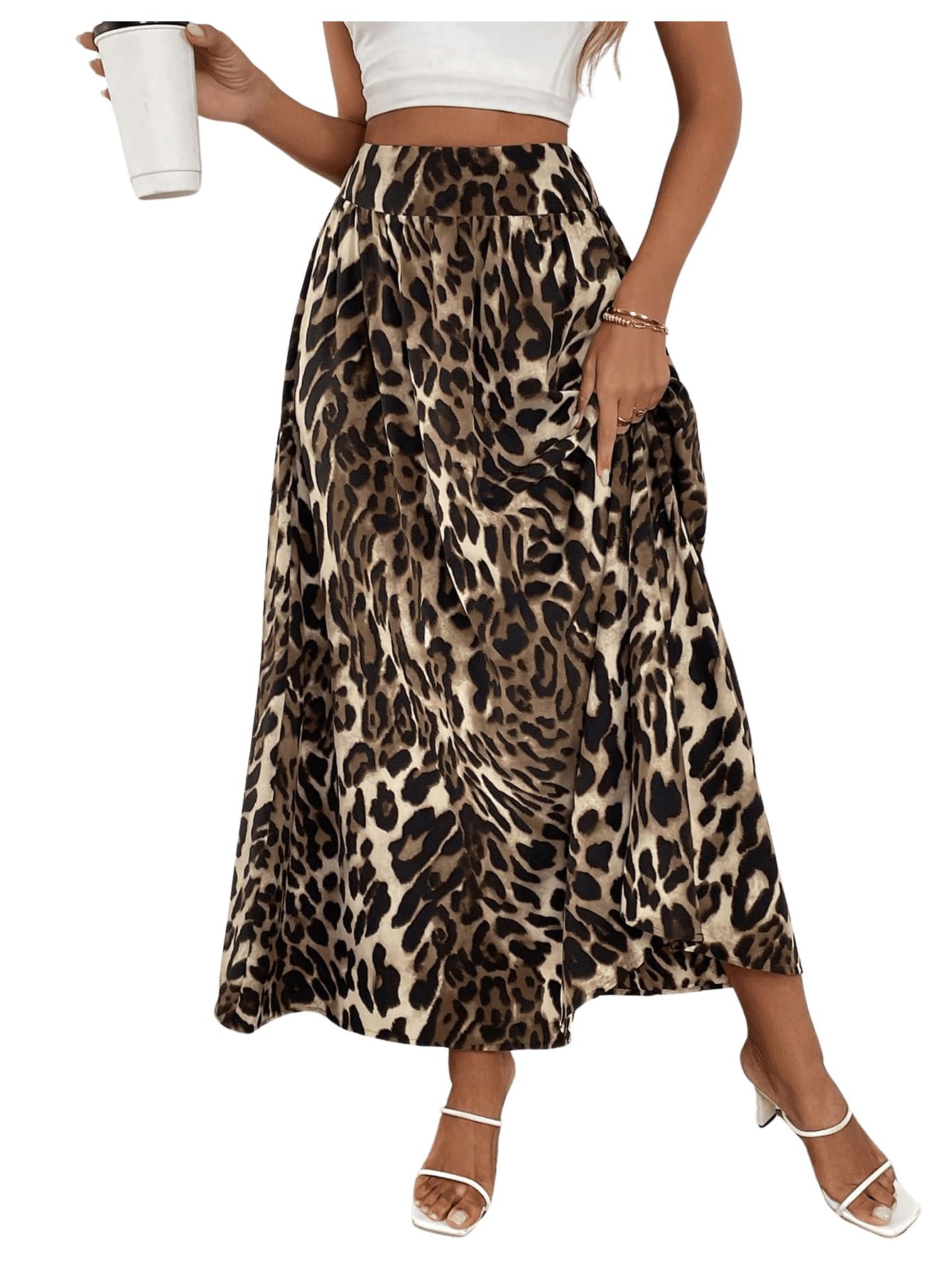 Photo 1 of SweatyRocks Women's Maxi Skirts High Waist Leopard Print Flowy Long Skirts Multicolor Large