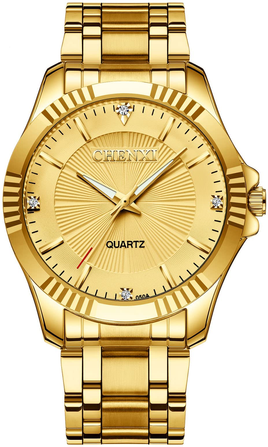 MASTOP Diamante Dial Fashion Casual Mens Gold Watch Quartz Stainless Steel Water Resistant Wrist Watch