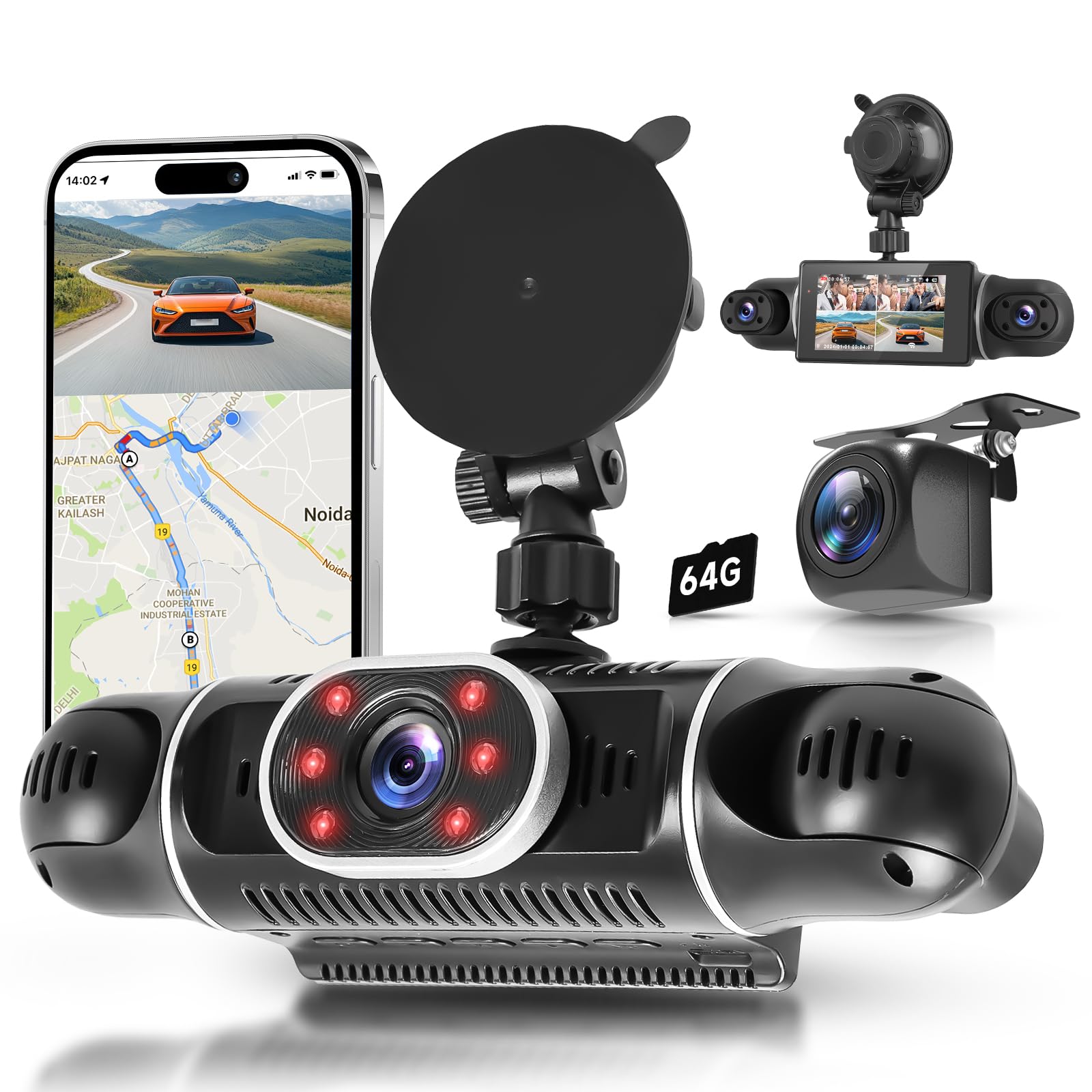 Photo 1 of 360°4-Channel Dash Cam HD 1080P Camera Front/Rear/Inside/Side Car Dash with WiFi, APP Control, 64GB SD Card Included, 8 IR Night Vision, G-Sensor, 24/7 Parking Mode