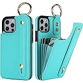 Folosu for iPhone 12/12 Pro Wallet Case with Card Holder, Hand Wrist Strap Loop Holder Kickstand, RFID Blocking Finger Grip Ring PU Leather Double Buttons Shockproof Cover 6.1" Green