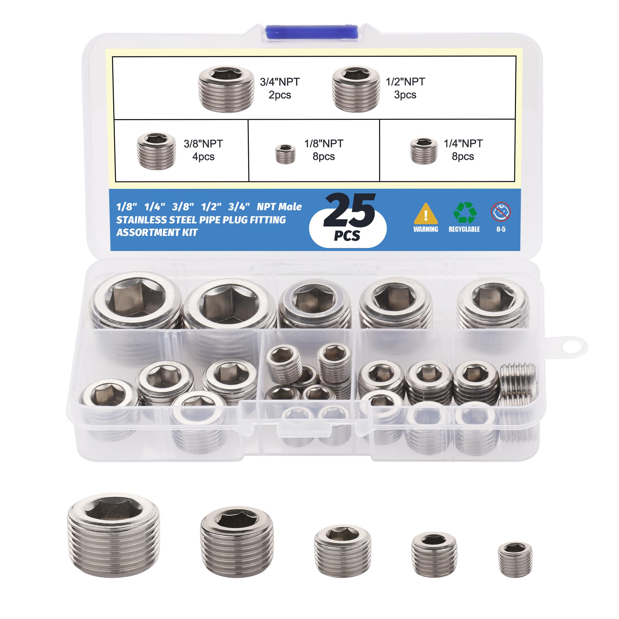 Photo 1 of Ailbiuko 25Pcs 304 Stainless Steel Pipe Plug Fittings Assortment Kit,5 Sizes 1/8" 1/4" 3/8" 1/2" 3/4" NPT Male Internal Hex Thread Socket Pipe Plug Set