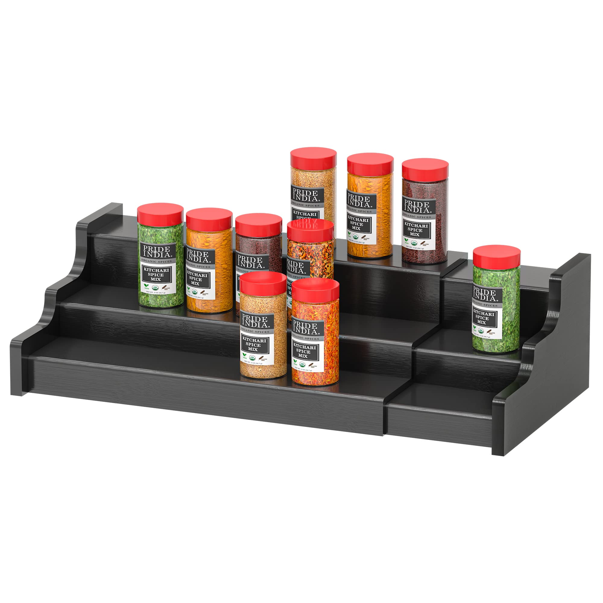 Photo 1 of Spice Rack Organizer For Cabinet - 3 Tier Black Bamboo Wooden Expandable Display Shelf from 12.70 to 22.20 inch