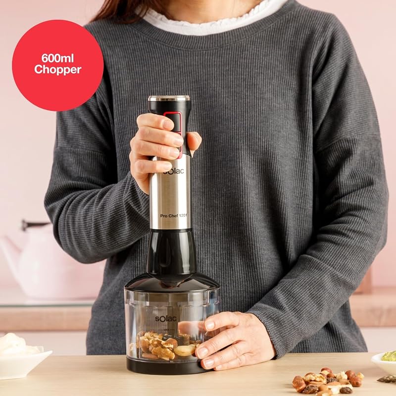 - Batidora de Mano Pro Chef 1201, 1200W, 21 Velocidades Ajustables + Turbo, 4 Cuchillas Acero Inoxidable, Pica Hielo, Antisalpicaduras, Accesorios Incluidos, Vaso Medidor, Negro y Metálico