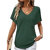 Dokotoo Womens Waffle Knit Tops 2026 Spring Summer V Neck Shirts Casual Trendy Women's Blouses Basic Tee