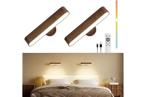 Rechargeable Wood Wall Sconces LED 7500mAh Battery Operated Wall Lights for Bedroom,Touch and Remote Control,360° Rotate Wall