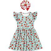 Toddler Girls Back to School Dress Flutter Sleeve Apple Pencil Print Summer Causal Dress with Bowknot Headband