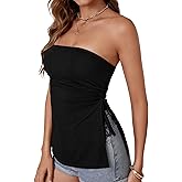 LYANER Women's Strapless Drawstring Split Slit Sides Sleeveless Bandeau Tube Tank Cami Top