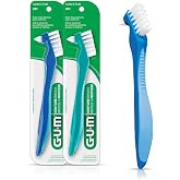 GUM Denture Brush, Dual-Headed, Hard Bristle Toothbrush, 2 Pack | Cleans dentures and acrylic retainers, Tufted head for tight spaces, Lever grip handle, Use daily