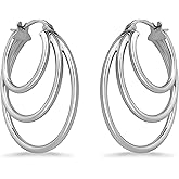 Sterling Silver Polished Finish Triple Circle Round-Tube Hoop Earrings for Women, 25mm Diameter.