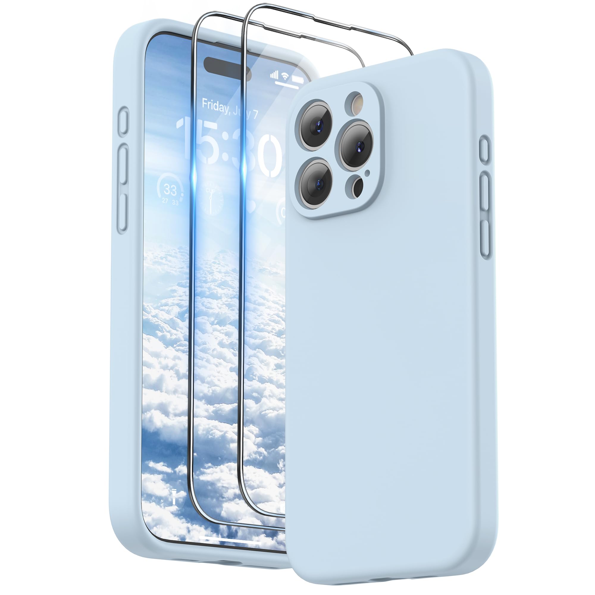 SURPHY Design for iPhone 15 Pro Max Case, Liquid Silicone [2 x Screen Protectors & 1 x Lanyard] Protection for Each Lens Shockproof Cover for iPhone 15 Pro Max 6.7 inch 2023, Cloud Blue — image 1