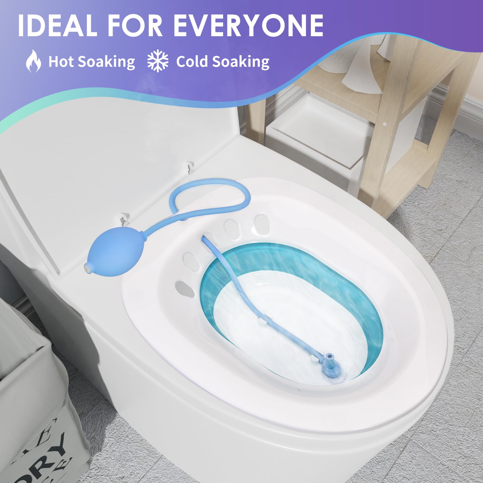 Sitz Bath for Hemorrhoids, Sitz Bath for Toilet Seat, Postpartum Care, Perineum Relief, Sits Bath Kit for Women - Collapsible, Wide Seat, Deeper Bowl - Use w/Sitz Bath Salt
