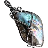 SUNYIK Natural Labradorite Pendant Necklace for Men Women, Irregular Handmade Wire Wrapped Crystal Necklace for Unisex