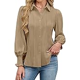 AGSEEM Smocked Cuffed Chiffon Blouses for Women Business Casual Button Down Shirts Long Sleeve Dressy Office Work Tops