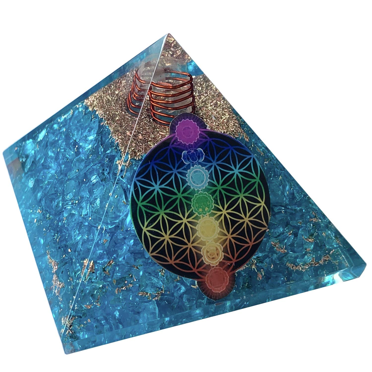CHONIT Orgonite Pyramid, Chakra Mix Colourful with Flower of Life Symbol Protection, Small with Rock Crystal for Home Decoration (Chakra Mix (Turquoise))