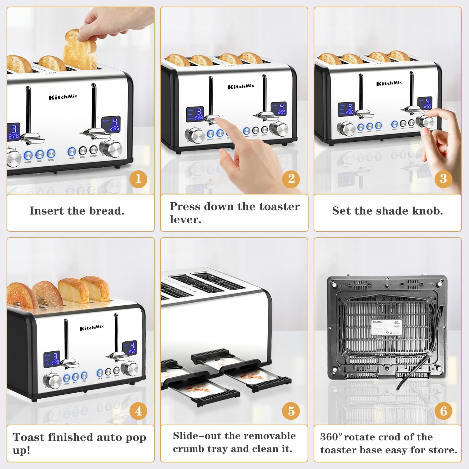 Tostadora de 4 rebanadas, Tostadora KitchMix Bagel de acero inoxidable con temporizador LCD, ranuras extra anchas, pantalla doble, bandeja para migas extraíble (negro)