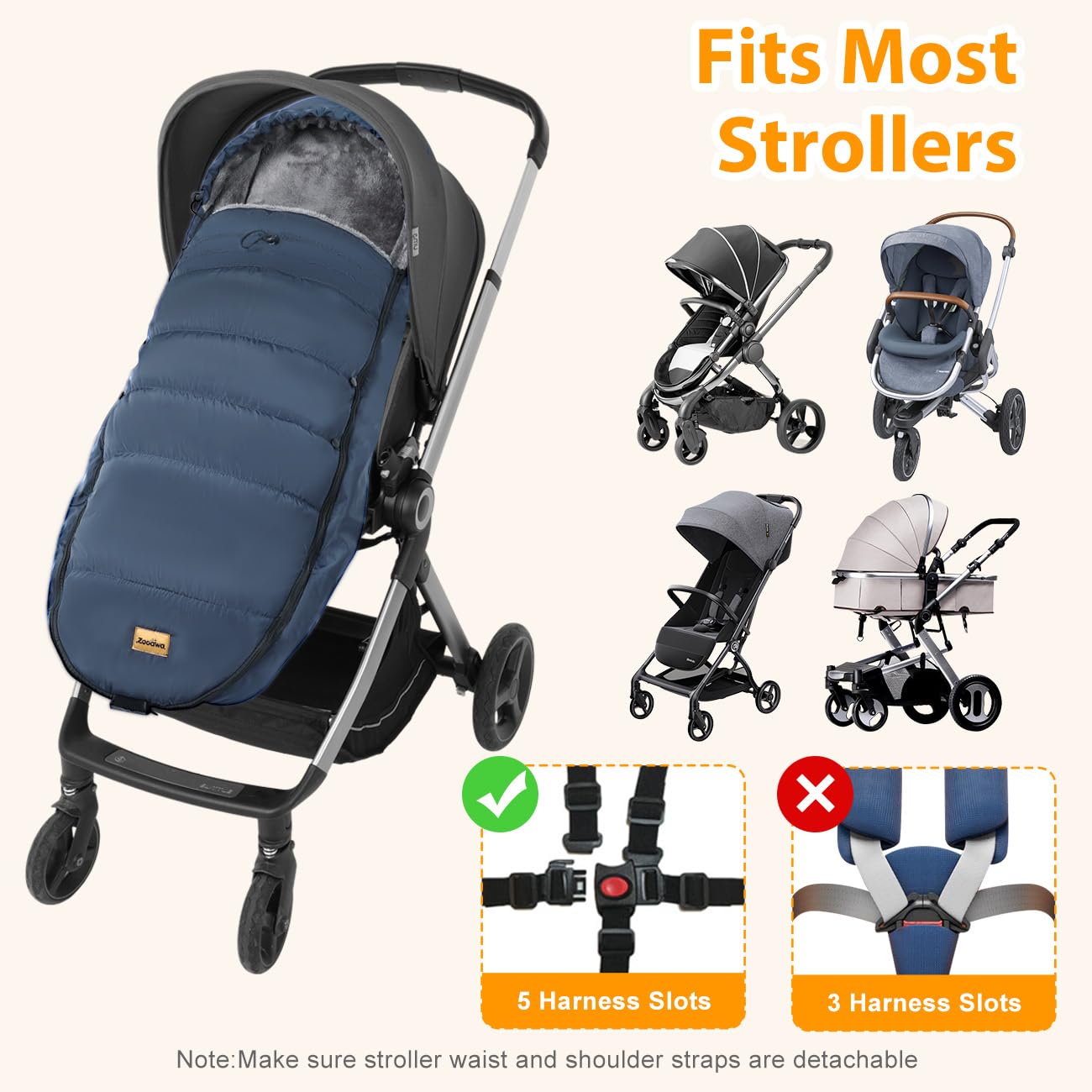 Zooawa Stroller Bunting Bag Universal, Waterproof Baby Stroller Footmuff, Stroller Sleeping Bag for Cold Weather, Extra Thick, Fits 6-36 Months Baby, Dark Blue