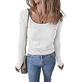 Kinlonsair Women Long Sleeve Scoop Neck Shirts Ribbed Knit Slim Fit Tops Basic 2025 Fall Outfits Casual T-Shirt
