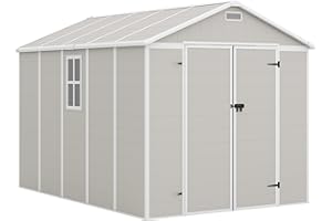 Amopatio 10x8 Storage Shed, Resin Outdoor Shed with Floor Included, Plastic Sheds Outdoor Storage for Bike, Garden Tools, Sheds & Outdoor Storage with Lockable Door, Window & Vents, Sandstone