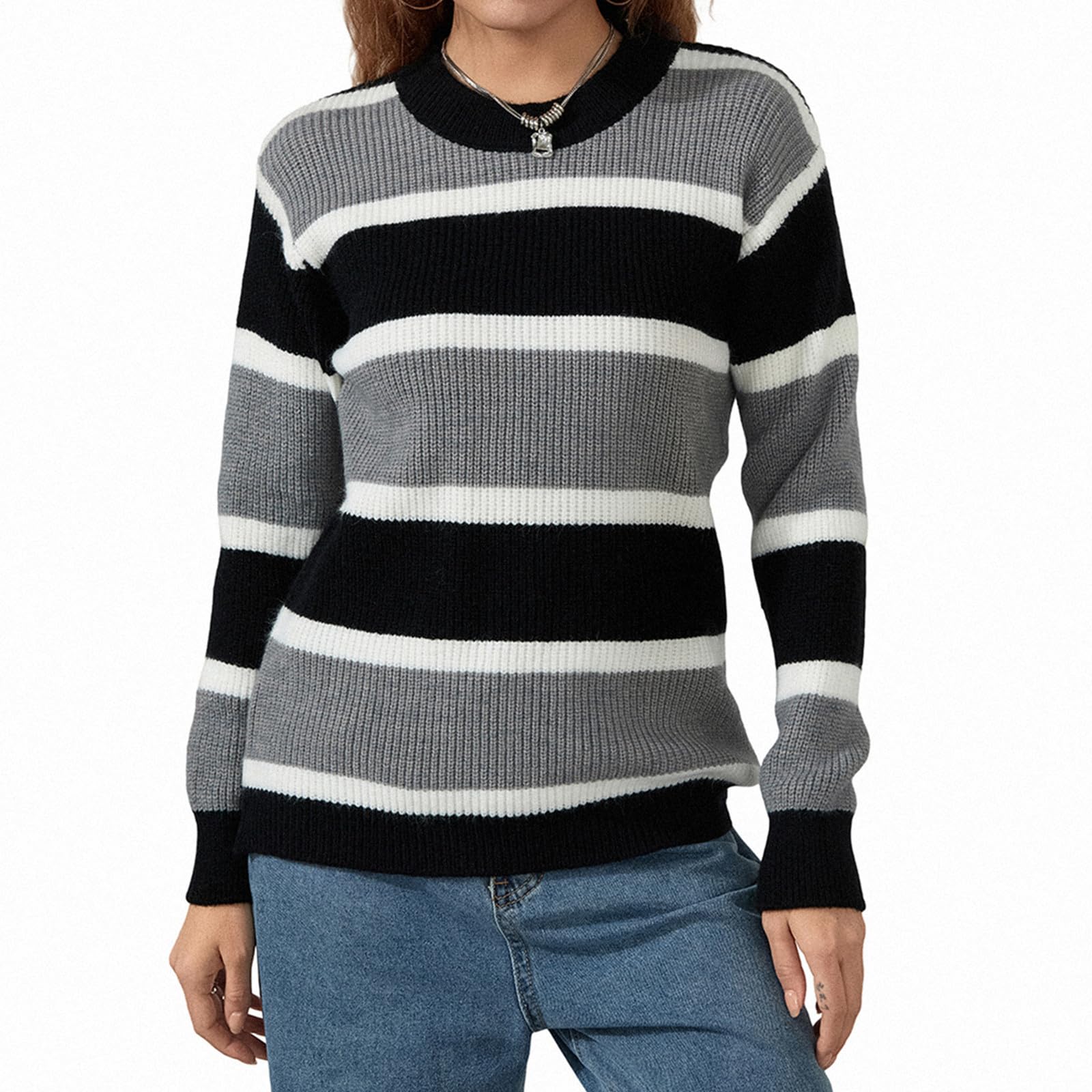 Women Y2K Argyle Striped Pullover Sweater Casual