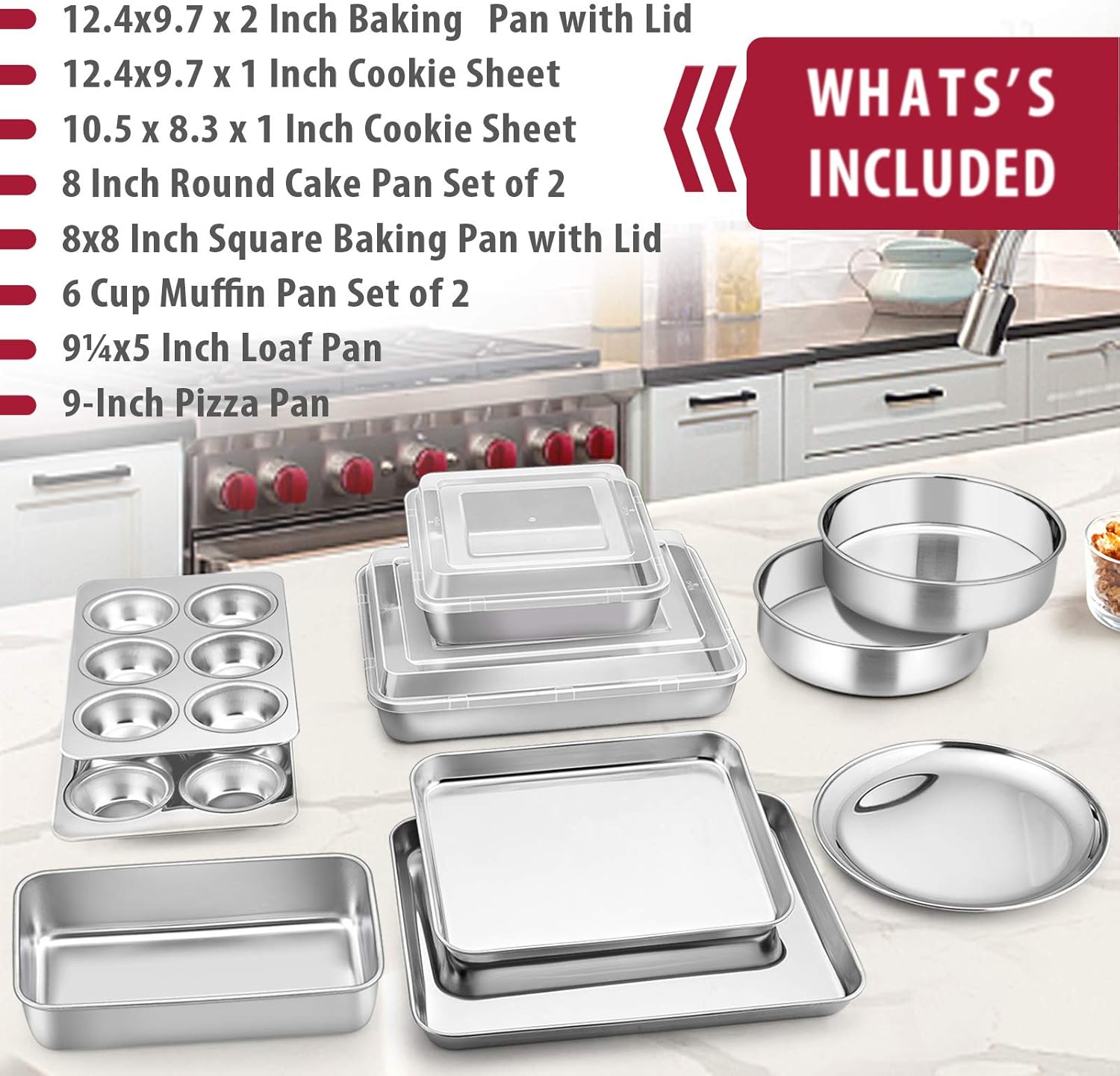 12-Piece Stainless Steel Bakeware Sets, E-far Metal Baking Pan Set Include Round Cake Pans, Square/Rectangle Baking Pans with Lids, Cookie Sheet, Loaf/Muffin/Pizza Pan, Non-toxic & Dishwasher Safe: Kitchen & Dining