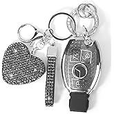 YIKECASE Key Fob Cover with Diamond Keychain Car Key Holder Compatible with Mercedes Benz C E M S CLS CLA GLK GLA GLC GLE AMG Class Protector for Women, 3 Buttons (Black-Heart)