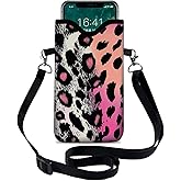 otilil Neoprene Cell Phone Sleeve Pouch Case Bag with Crossbody Strap Neck Lanyard for Women 7.1 X 3.9 in Pink Black