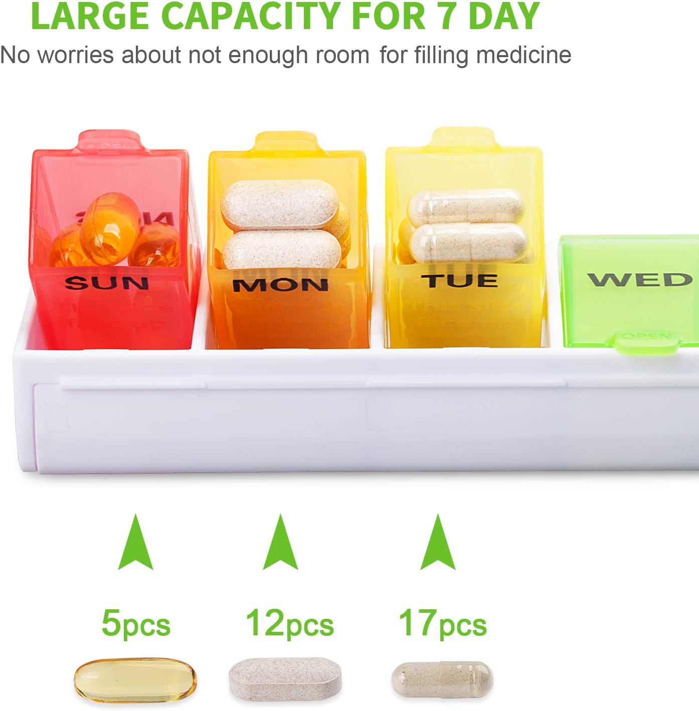 Extra Large 7 Day Pill Box Organiser, Weekly Vitamin Case Box Large Capacity Compartments, BPA-Free Medication Organiser - Image 3