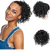 PEACOCO Curly Ponytail Extension Drawstring Ponytails for Black Women - 6 Inch Pony Tail Clip on Ponytail Synthetic Short Afro Hairpiece for Daily Use（1B）