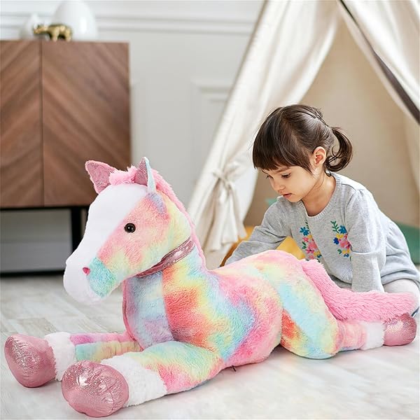 TEZITUOR 47 INCH LARGE HORSE STUFFED ANIMAL TOY, 4FT TIE-DYE PINK HORSE PONY PLUSH TOY, HUGGING SOFT HORSE PLUSH PILLOW FOR KIDS ADULT