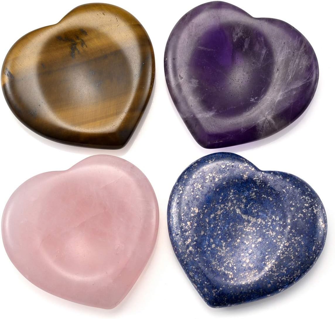 Sunligoo Healing Crystal Heart Love Thumb Worry Stone Pocket Palm Gemstones for Anxiety Therapy Geometry Chakra Reiki Balancing -4Pcs