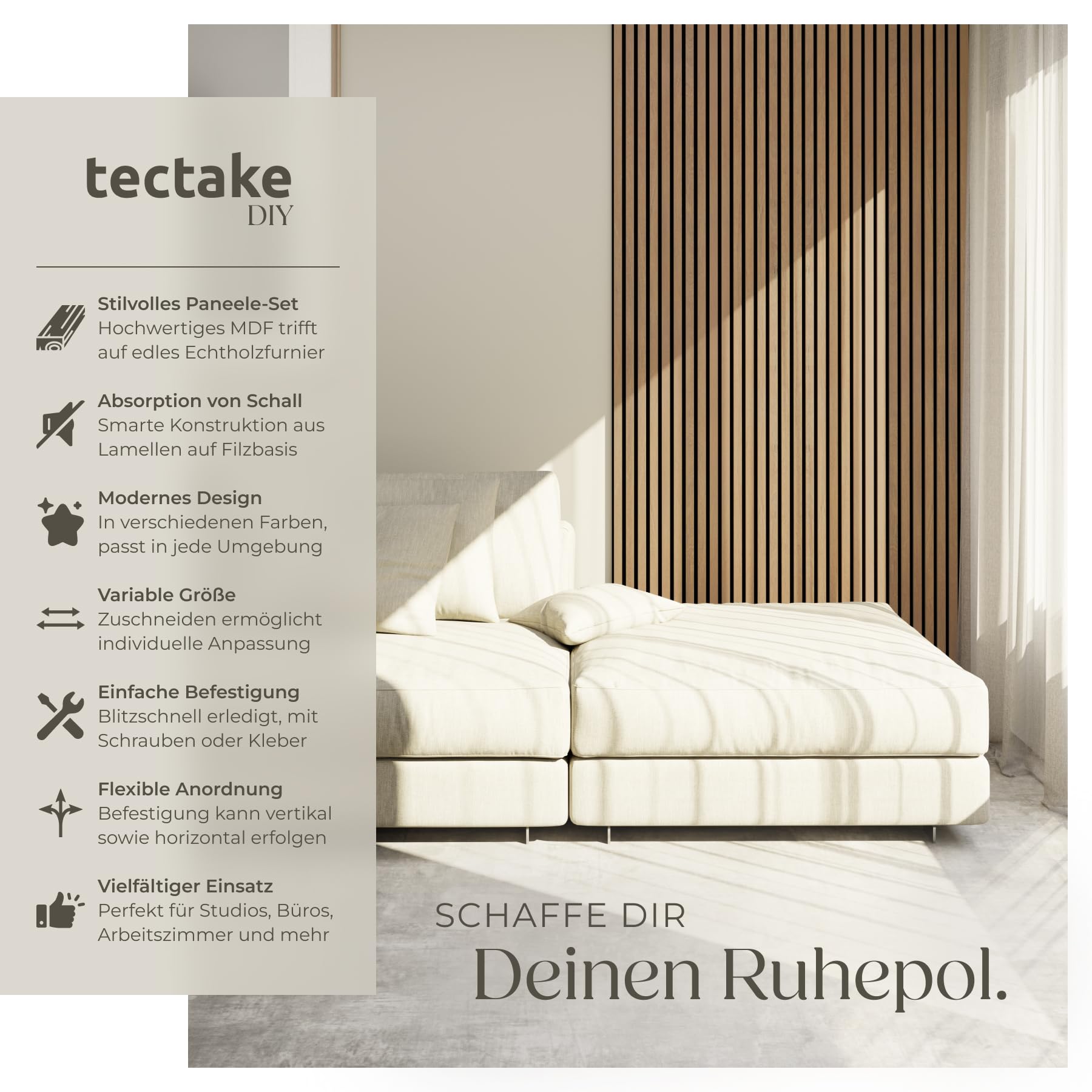tectake® Akustikpaneele Echtholzfurnier 2er Set, Schallschutz, MDF Schallabsorber für Wand, Schalldämmung, Schallschutzplatten, Schalldämmplatten, Raumakustik, Geräuschdämmung, Wandpaneele - Eiche 2