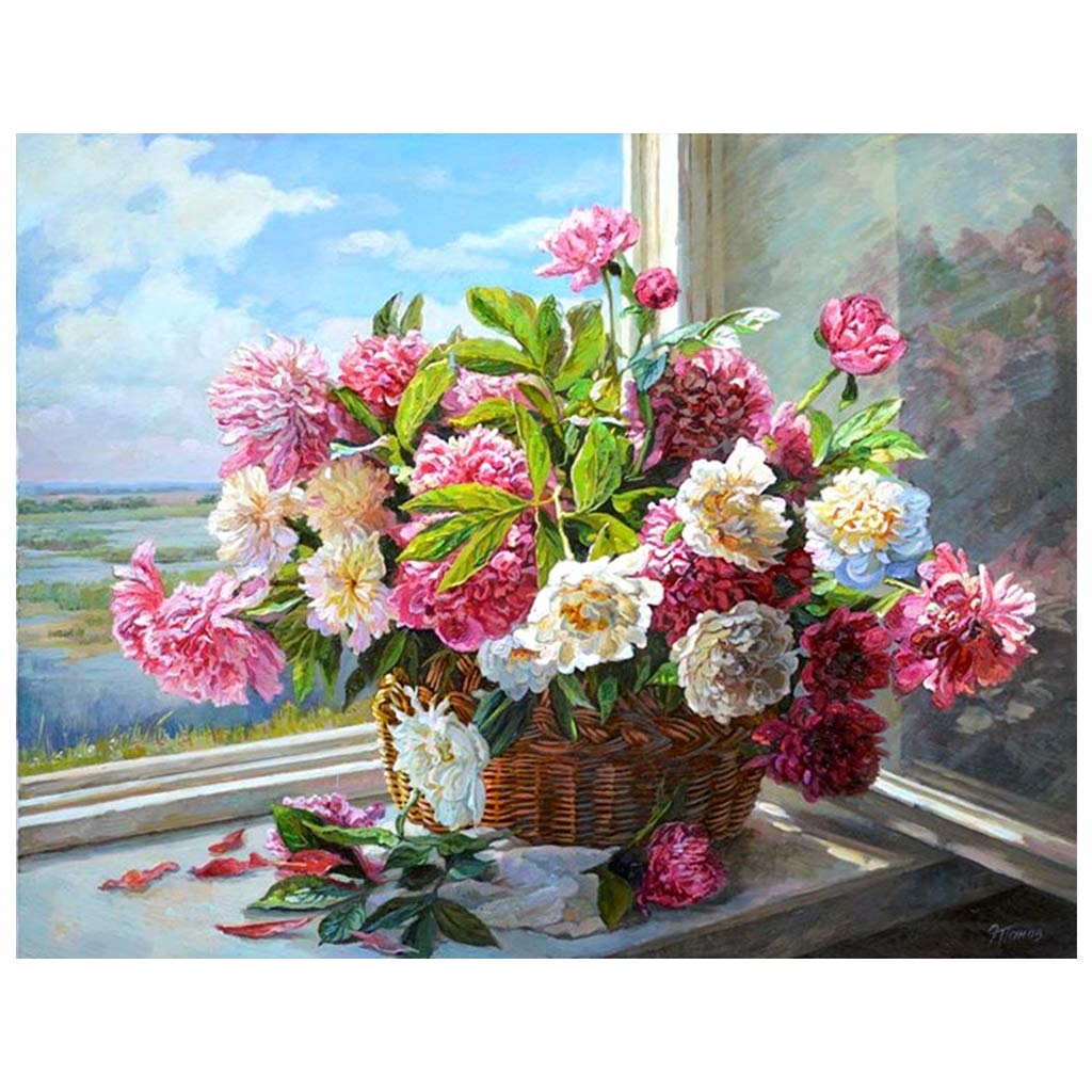 DCIDBEI Square Diamond Art 5D DIY Diamond Painting Kits for Adults Full Square Drill Diamond Embroidery Cross Stitch Pictures Flowers on The Windowsill Arts Craft for Gift 16X12 Inches/40X30CM