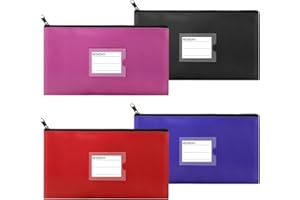 Sinzip 4 Pack Bank Deposit Money Bag, Heavy Duty Leatherette Security Zipper Wallet with Clear Window, Coin Bag, Cash Bag, Tool Pouch, Assorted Colors (4 Pack)