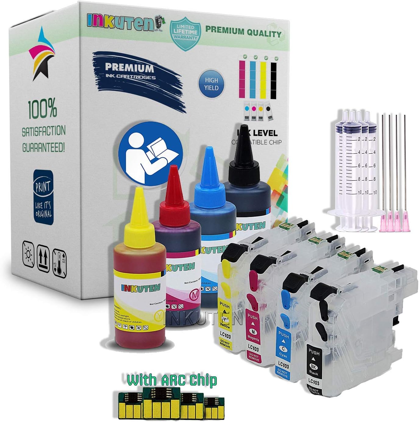INKUTEN 4 Refillable Cartridges for Brother LC20E LC-20E with 4x100ml Dye Ink, Auto Reset Chips (ARC) - for use in Brother MFC-J5920DW MFC-J985DW MFC-J985DW XL Printer