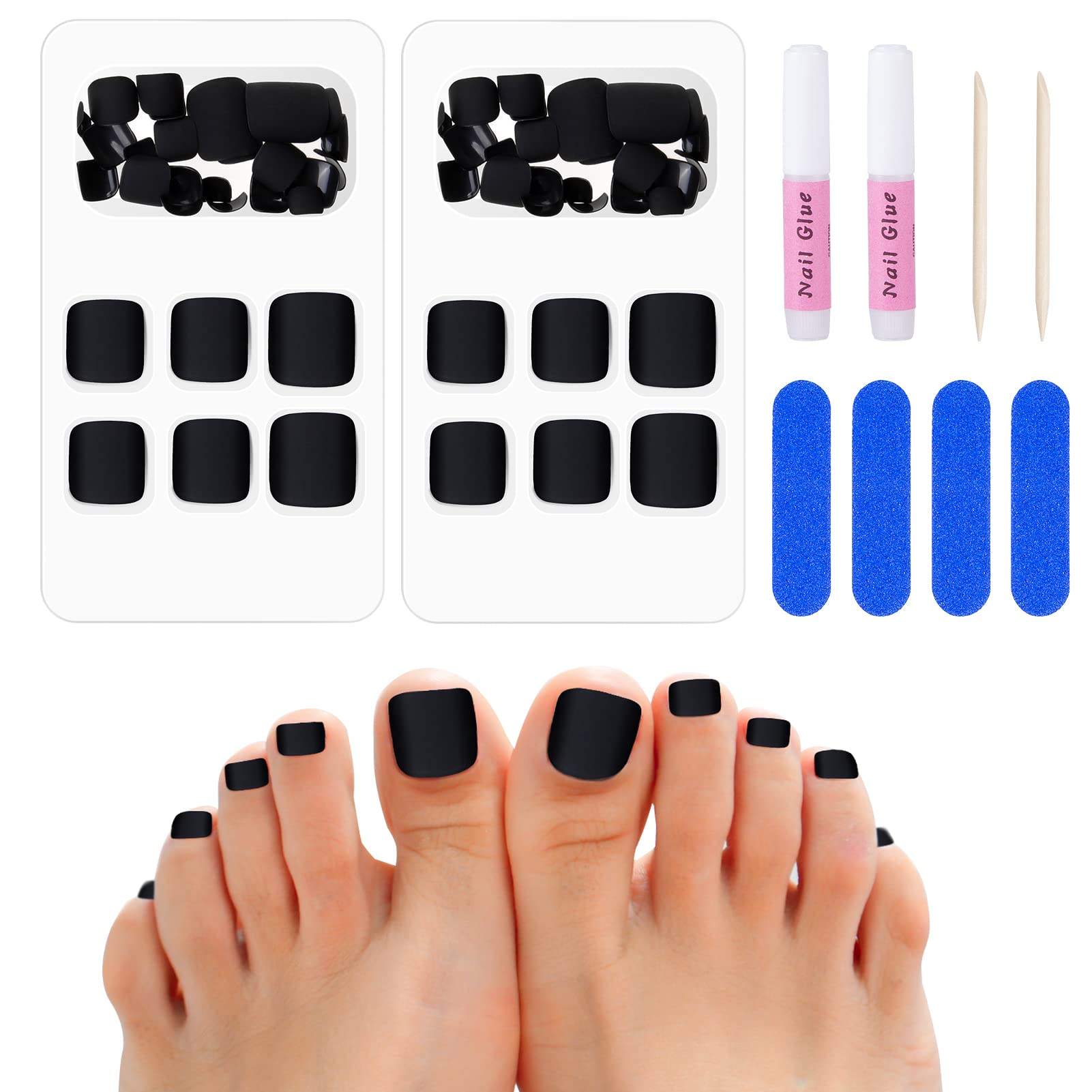 48 Pcs False Toenails, 12 Sizes Matte Short Fake Toe Nails Tip, Full Cover French Artificial Acrylic Toenails with Nail Files for Women Girls Nail Salon and Nail Art DIY(Black)